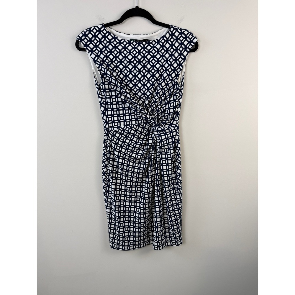 Lauren Ralph Lauren‎ Sheath Dress 6P Navy White Geometric Knot Front Petite